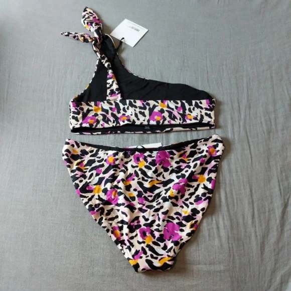 Beach Riot Ava One Shoulder Tie Top Chelsea Bottoms Bikini Floral Leopard - Picture 5 of 6